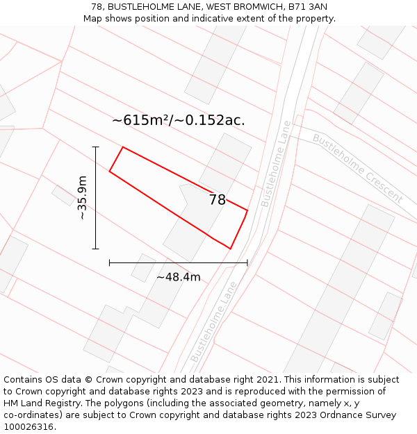 78, BUSTLEHOLME LANE, WEST BROMWICH, B71 3AN: Plot and title map