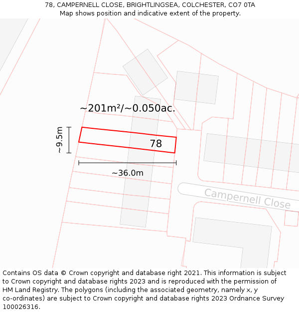 78, CAMPERNELL CLOSE, BRIGHTLINGSEA, COLCHESTER, CO7 0TA: Plot and title map