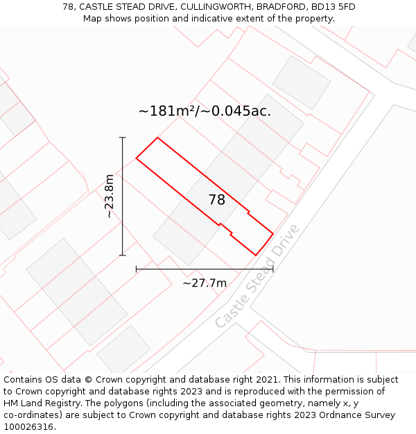 78, CASTLE STEAD DRIVE, CULLINGWORTH, BRADFORD, BD13 5FD: Plot and title map