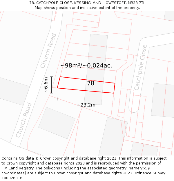 78, CATCHPOLE CLOSE, KESSINGLAND, LOWESTOFT, NR33 7TL: Plot and title map