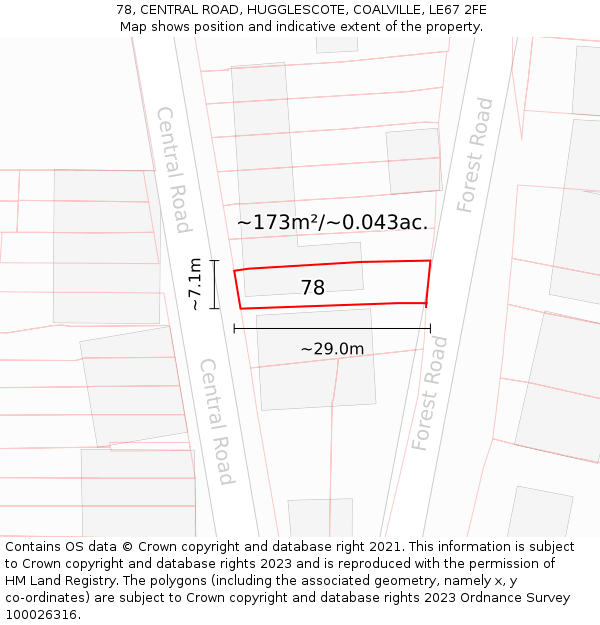 78, CENTRAL ROAD, HUGGLESCOTE, COALVILLE, LE67 2FE: Plot and title map