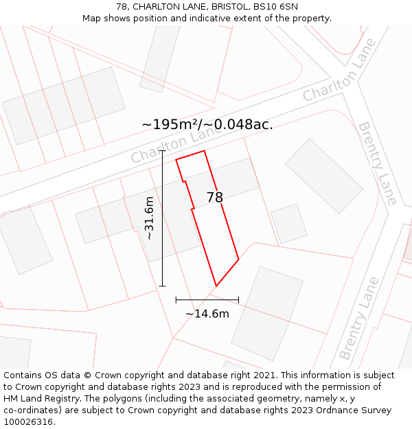 78, CHARLTON LANE, BRISTOL, BS10 6SN: Plot and title map