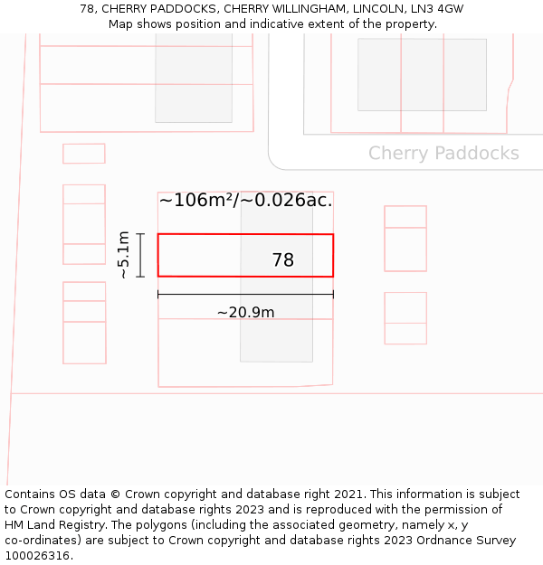 78, CHERRY PADDOCKS, CHERRY WILLINGHAM, LINCOLN, LN3 4GW: Plot and title map