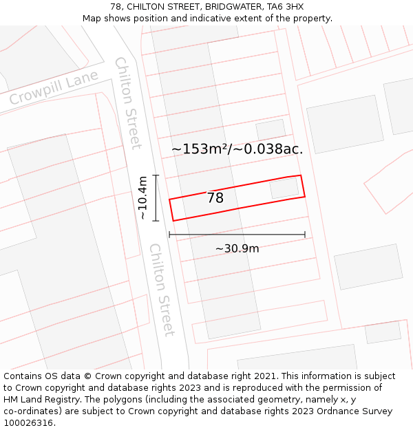 78, CHILTON STREET, BRIDGWATER, TA6 3HX: Plot and title map