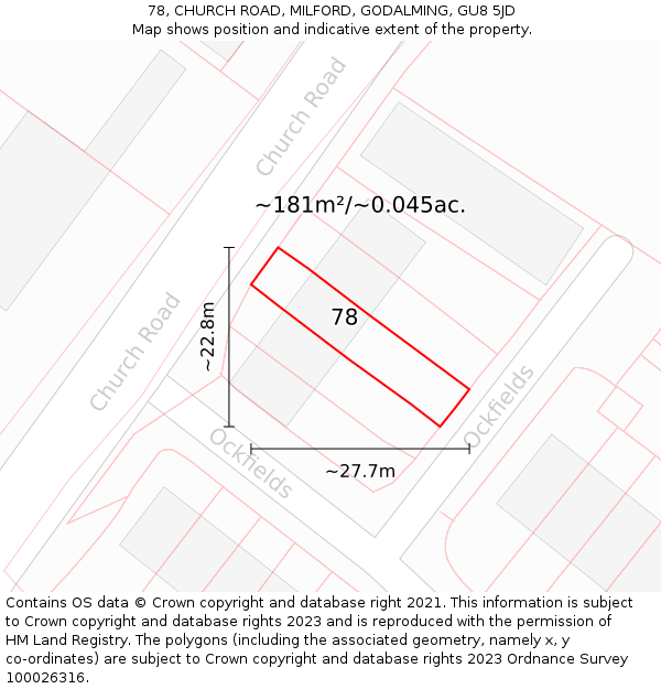 78, CHURCH ROAD, MILFORD, GODALMING, GU8 5JD: Plot and title map