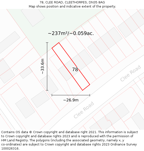 78, CLEE ROAD, CLEETHORPES, DN35 8AG: Plot and title map