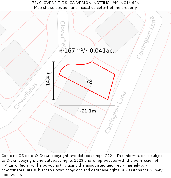 78, CLOVER FIELDS, CALVERTON, NOTTINGHAM, NG14 6PN: Plot and title map