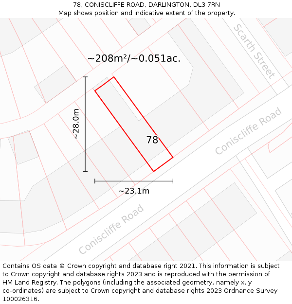 78, CONISCLIFFE ROAD, DARLINGTON, DL3 7RN: Plot and title map