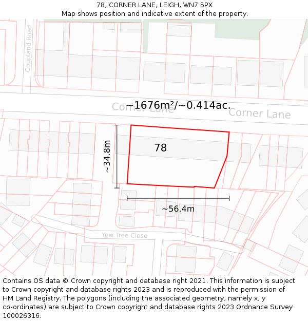 78, CORNER LANE, LEIGH, WN7 5PX: Plot and title map