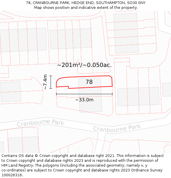 78, CRANBOURNE PARK, HEDGE END, SOUTHAMPTON, SO30 0NY: Plot and title map