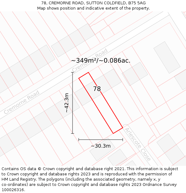 78, CREMORNE ROAD, SUTTON COLDFIELD, B75 5AG: Plot and title map