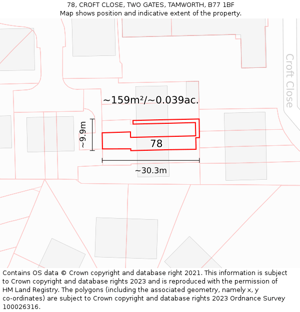78, CROFT CLOSE, TWO GATES, TAMWORTH, B77 1BF: Plot and title map