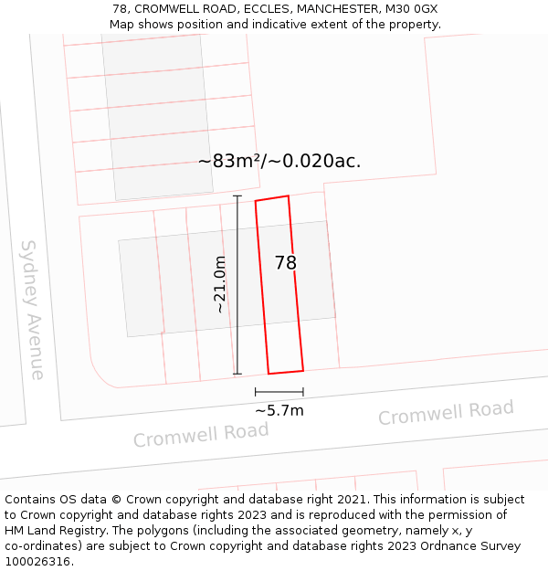 78, CROMWELL ROAD, ECCLES, MANCHESTER, M30 0GX: Plot and title map