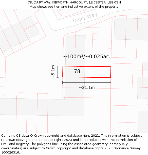 78, DAIRY WAY, KIBWORTH HARCOURT, LEICESTER, LE8 0SN: Plot and title map