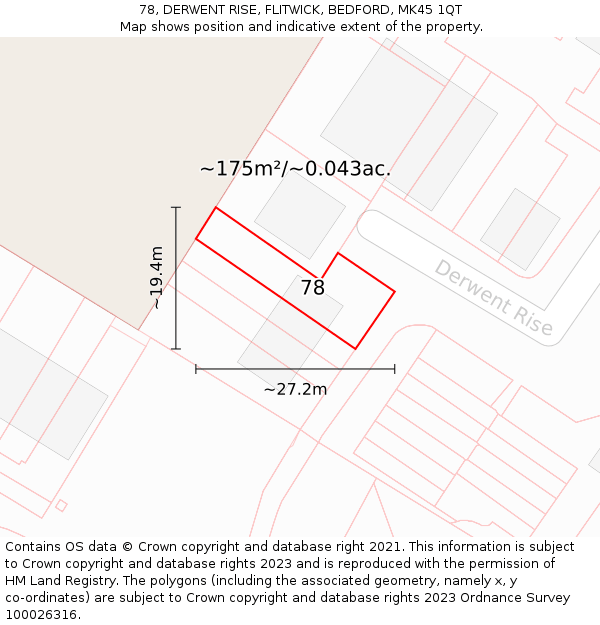 78, DERWENT RISE, FLITWICK, BEDFORD, MK45 1QT: Plot and title map
