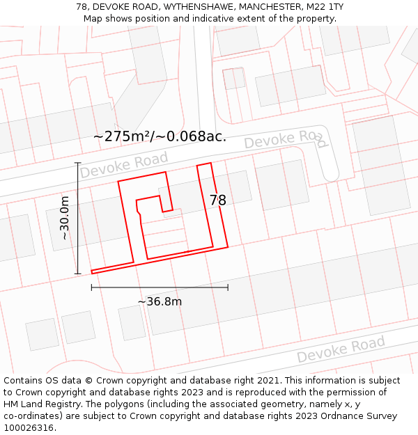 78, DEVOKE ROAD, WYTHENSHAWE, MANCHESTER, M22 1TY: Plot and title map