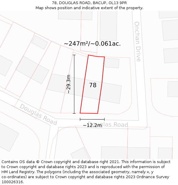 78, DOUGLAS ROAD, BACUP, OL13 9PR: Plot and title map
