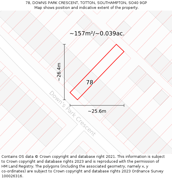 78, DOWNS PARK CRESCENT, TOTTON, SOUTHAMPTON, SO40 9GP: Plot and title map