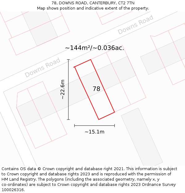 78, DOWNS ROAD, CANTERBURY, CT2 7TN: Plot and title map