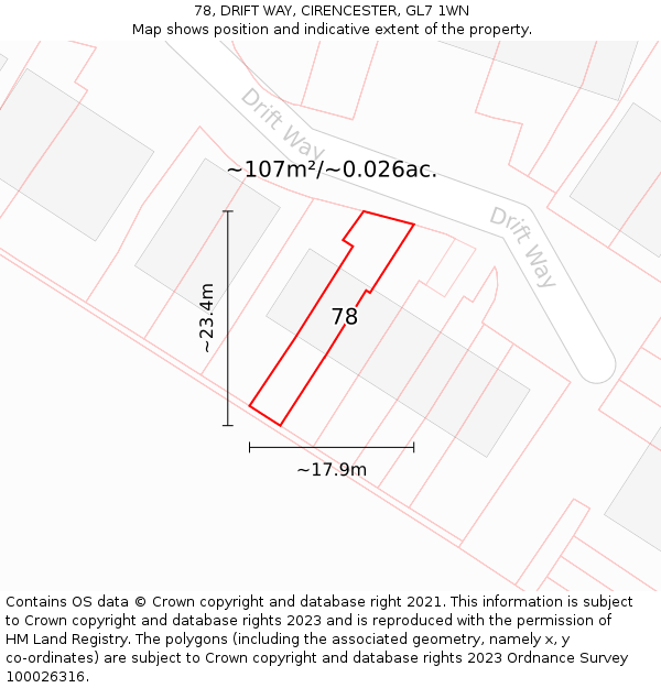 78, DRIFT WAY, CIRENCESTER, GL7 1WN: Plot and title map