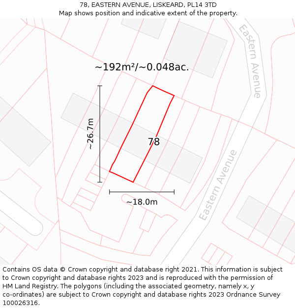 78, EASTERN AVENUE, LISKEARD, PL14 3TD: Plot and title map