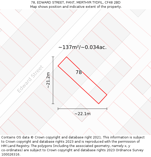 78, EDWARD STREET, PANT, MERTHYR TYDFIL, CF48 2BD: Plot and title map