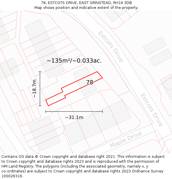 78, ESTCOTS DRIVE, EAST GRINSTEAD, RH19 3DB: Plot and title map