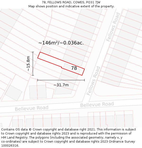 78, FELLOWS ROAD, COWES, PO31 7JW: Plot and title map