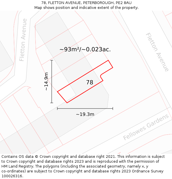 78, FLETTON AVENUE, PETERBOROUGH, PE2 8AU: Plot and title map