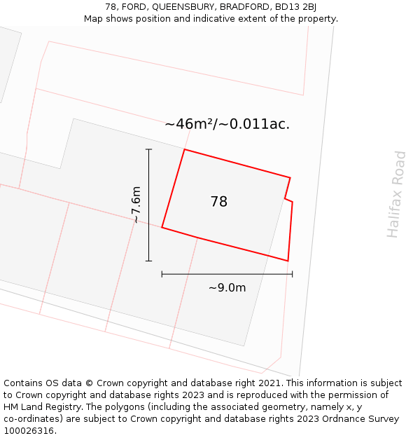 78, FORD, QUEENSBURY, BRADFORD, BD13 2BJ: Plot and title map