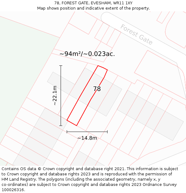 78, FOREST GATE, EVESHAM, WR11 1XY: Plot and title map