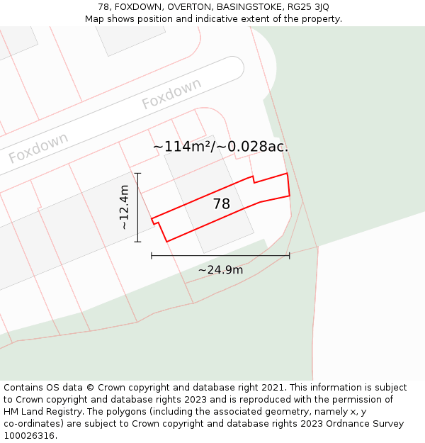 78, FOXDOWN, OVERTON, BASINGSTOKE, RG25 3JQ: Plot and title map
