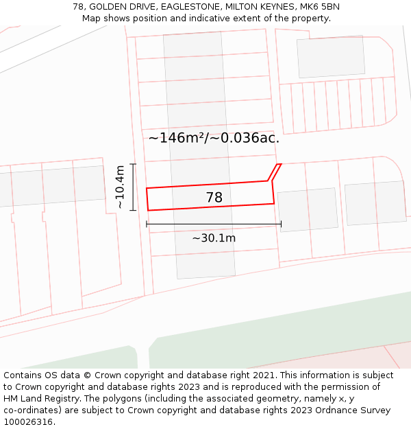 78, GOLDEN DRIVE, EAGLESTONE, MILTON KEYNES, MK6 5BN: Plot and title map