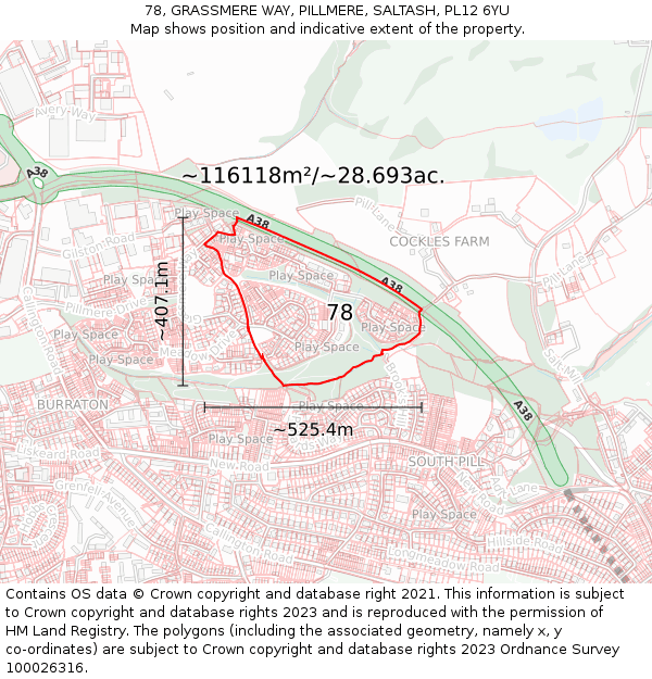 78, GRASSMERE WAY, PILLMERE, SALTASH, PL12 6YU: Plot and title map