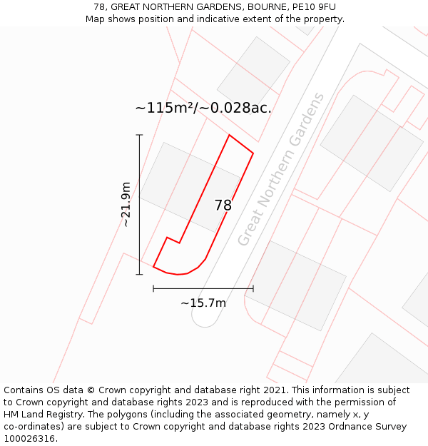 78, GREAT NORTHERN GARDENS, BOURNE, PE10 9FU: Plot and title map