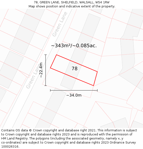 78, GREEN LANE, SHELFIELD, WALSALL, WS4 1RW: Plot and title map
