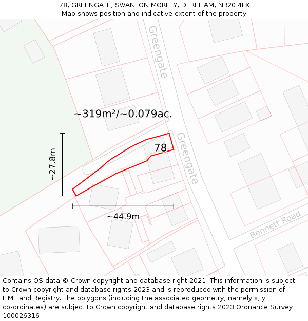 78, GREENGATE, SWANTON MORLEY, DEREHAM, NR20 4LX: Plot and title map