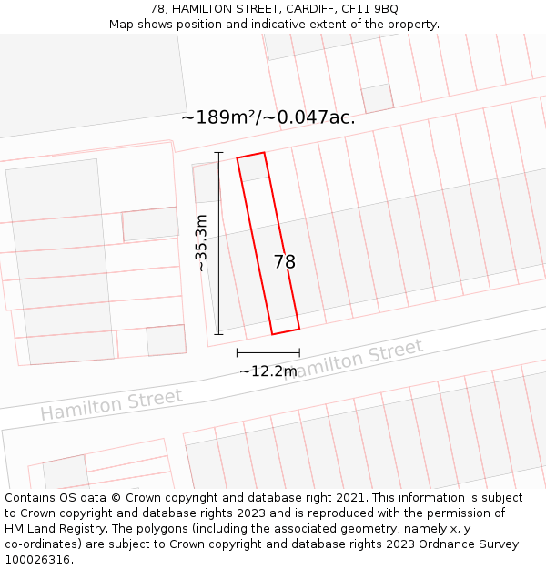 78, HAMILTON STREET, CARDIFF, CF11 9BQ: Plot and title map