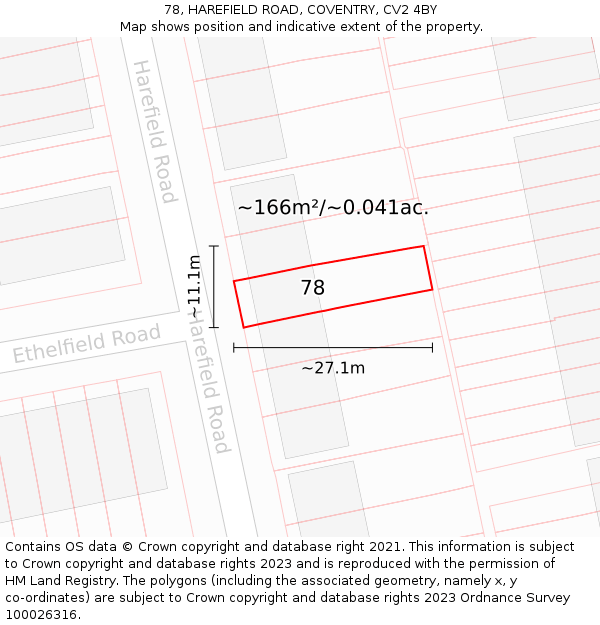 78, HAREFIELD ROAD, COVENTRY, CV2 4BY: Plot and title map