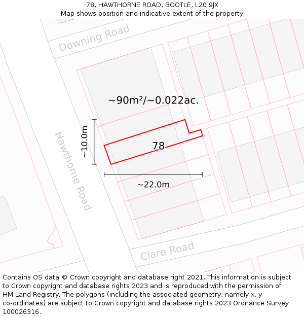 78, HAWTHORNE ROAD, BOOTLE, L20 9JX: Plot and title map