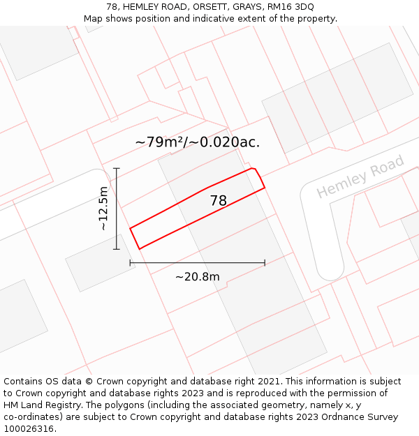 78, HEMLEY ROAD, ORSETT, GRAYS, RM16 3DQ: Plot and title map