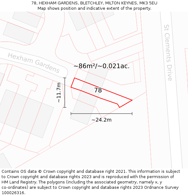 78, HEXHAM GARDENS, BLETCHLEY, MILTON KEYNES, MK3 5EU: Plot and title map