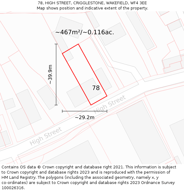 78, HIGH STREET, CRIGGLESTONE, WAKEFIELD, WF4 3EE: Plot and title map