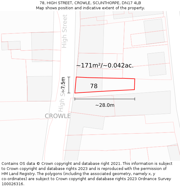 78, HIGH STREET, CROWLE, SCUNTHORPE, DN17 4LB: Plot and title map
