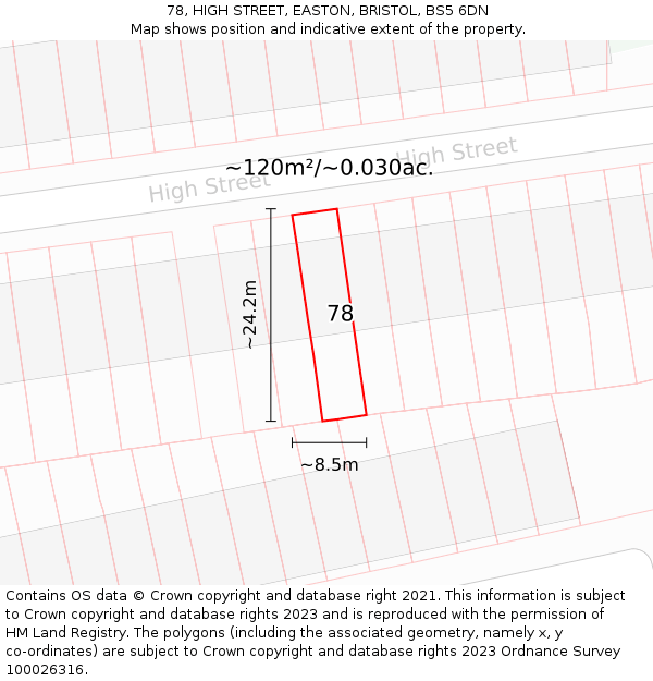 78, HIGH STREET, EASTON, BRISTOL, BS5 6DN: Plot and title map