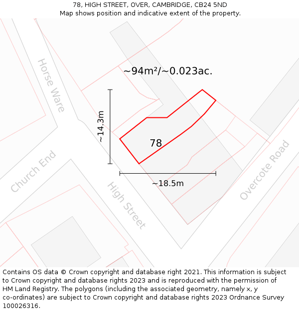 78, HIGH STREET, OVER, CAMBRIDGE, CB24 5ND: Plot and title map