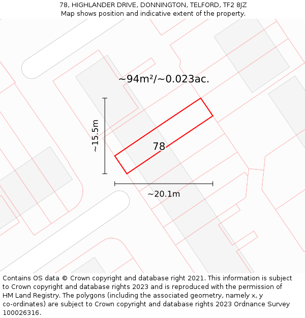 78, HIGHLANDER DRIVE, DONNINGTON, TELFORD, TF2 8JZ: Plot and title map