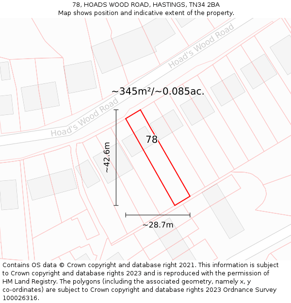 78, HOADS WOOD ROAD, HASTINGS, TN34 2BA: Plot and title map