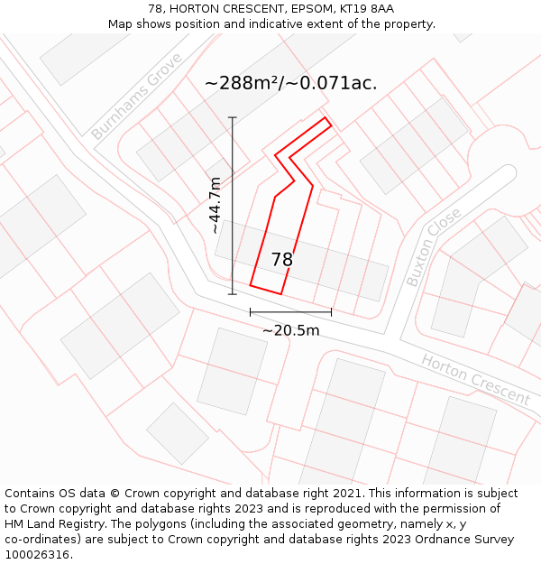 78, HORTON CRESCENT, EPSOM, KT19 8AA: Plot and title map