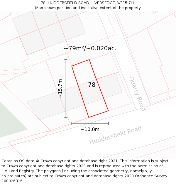 78, HUDDERSFIELD ROAD, LIVERSEDGE, WF15 7HL: Plot and title map